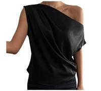 Summer Versatile Asymmetric Crinkled Slant Neck One Shoulder Tank Top for Women Liquette Women, Black, M