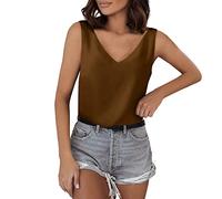 Summer Vest Tops Women UK Tank Tops For Women V Neck Silk Summer Satin Sleeveless Blouse Basic Camisole Shirts Tunic Tops For Women UK Summer Blouse T Shirts Ladies Vest Tops Brown