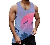 Summer Vests for Men UK Boys Summer Beach Hawaii Printed Vest Mens Fashion Casual Beach Seaside 3D Printed Round Neck Sleeveless Tank Tops Blouse Mens T Shirts Purple