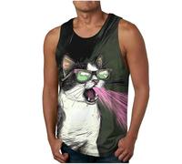 Summer Vests for Men UK Clearance,Men Cute Cat Printed Round Neck Tank Tops Holiday Beach Vacation Funny Animal Pattern Vest Gym Workout Athletic Fitness Sport Tank Top Cotton Sleeveless T-shirt S-3XL