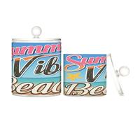 Summer Vibes Beach Vintage Poster Clear Plastic bins for storage with lid Pantry Essentials Decorative small storage bins for Cotton Swabs,Cotton Pads,Floss Picks,Paper Clips,s 2 Pack