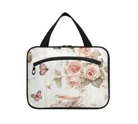 Summer Vintage Peach Cups Roses Hanging Toiletry Bag for Men Travel with Hook, Designer Unisex toiletries Bag for Women Traveling Camping Porta cosmeticos Mujer para cartera L