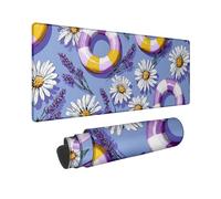 Summer Vivid Floral Large Gaming Mouse Pad, Lavender Daisies & Lifebuoys Colorful Mousepad, Rubber Non-Slip Washable Gaming Mouse Pad for Home and Office Computer, Laptop 16x36 Inch