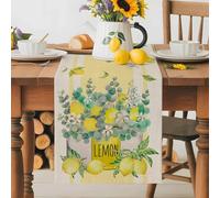Summer Watercolor Table Runner 16x72 Inches Long Lemon with Eucalyptus Leaves Cotton Linen Table Runner Burlap Style for Dinner Table Party Decor Tabletop Decorations