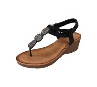 Summer Wedge Heel Shoes, Large Sizes, Thick Sole, Boho Beads, Toe Separator, Comfortable Beach Slip-On Comfort Sandals for Outdoor, Holiday, Leisure & Everyday Use, black, 7 UK