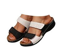 Summer Wedge Slide Sandals for Women Peep Toe Wide Fit Mules with Arch Support Breathable Mesh Two Velcro Strap Casual Slip on Slippers Comfortable Soft Sole Outdoor Shoes for Beach