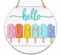 Summer Welcome Sign for Front Door, Hello Summer Wooden Signs Wall Decor, Popsicle Round Hanging Sign With Rope, Summer Decor For Home Front Door Porch, A10