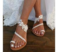 Summer Women Sandals Bohemia Style Lace Flowers Flat Beach Shoes Roman Wedding Evening Party Flip Flops Slip on Casual Thong Dress Sandals,White,US6/EU37