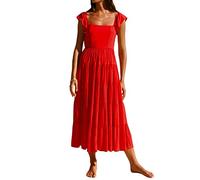 Summer Women Short Sleeve Square Neck Midi Dresses Ruffle Fly Sleeve Pleated Hem Long Dress (Red, M)