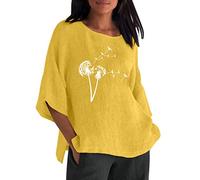 Summer Women's 3 out of 4 Sleeves Crew Neck Floral Printed Loose Top T-Shirts Casual Linen Tunic T-Shirt Blouse 80s Clothes, yellow, XL