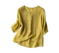 Summer Womens Cotton Linen Boho Loose Blouse Floral Tops Ladies T-Shirts Vintage Embroidery Tunic Tops V Neck Loose Swing Tops Plus Size Floaty Tee Shirts Elegant Party Wedding (Yellow, M)