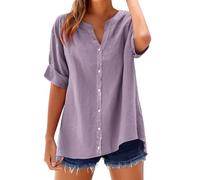 Summer Womens Cotton Linen Loose Blouse Floral Tops Ladies T-Shirts Pink Elegant Office Warehouse Deals Clearance Loose Shirt Top Stand Solid Color Sleeve Collar Casual Women's Shirt 2025 New