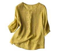 Summer Womens Cotton Linen Loose Blouse Floral Tops Ladies T-Shirts Vintage Embroidery Tunic Tops V Neck Loose Swing Top Plus Size Floaty Tee Shirts Elegant Party Evening Wedding Yellow