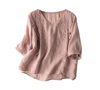 Summer Womens Cotton Linen Loose Blouse Floral Tops Ladies T-Shirts Vintage Embroidery Tunic Tops V Neck Loose Swing Top Plus Size Floaty Tee Shirts Elegant Party Evening Wedding