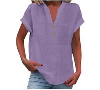 Summer Womens Cotton Linen Loose Blouse Tops Ladies T-Shirts Plus Size Lightweight Tshirt Loose Fit Button Down Casual V Neck Shirts Basic Summer Oversized Tunic Linen Short Sleeve Boho Solid Blouse