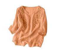 Summer Women's Cotton Linen Vintage Floral Tops Plus Size Elegant Party Evening Wedding Blouse Swing Tops V Neck Loose Floaty Tee Shirts (Z1-Orange, XL)