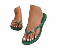 Summer Women's Flip Flops with Rhinestones for Everyday Leisure Beach Days Stylish Flat Sandals Heart Shape Toe Separator Comfortable Summer Shoes, Green, 4 UK