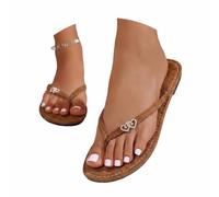 Summer Women's Flip Flops with Rhinestones for Everyday Leisure Beach Days Stylish Flat Sandals Heart Shape Toe Separator Comfortable Summer Shoes, brown, 8 UK