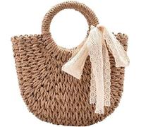 Summer Womens Handbags Rattan Straw Handmade Purse Beach Bag Semi Circle Crossbody Shoulder Bag Top Handle Handbag(Khaki)