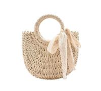 Summer Womens Handbags Rattan Straw Handmade Purse Beach Bag Semi Circle Crossbody Shoulder Bag Top Handle Handbag(Off-white)