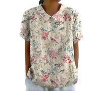 Summer Womens Large Size Cotton Linen Loose Tops Ladies T-Shirts Basic Oversized Wedding Blouse Deals Women's Linen Lapel Art Floral Round Neck Gifts Pullover Top Casual Shirt T-Shirts