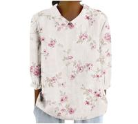 Summer Womens Large Size Cotton Linen Loose Tops Ladies T-Shirts White Print 2026 Travel Womens Essentials Top Summer Casual Tee Tshirt Ladies 2024 Floral Print Daily Tees Tunic Blouses