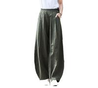 Summer Women's Linen Cotton Lantern Pants Casual Boho Palazzo Wide Leg Trousers with Elastic Waist, Army Green, One size