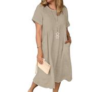 Summer Women's Linen Dress - Casual V-Neck Midi A-line Beach Dress Without Accessories, E Khaki, XXL