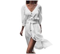 Summer Women's Mid Long Flowy Dress, Sexy Women's 3/4 Sleeve V-Neck Loose Fit Casual Dress with Buttons Solid Colour Chic and Elegant Streetwear Comfortable Swing Mature Temperament Charm Dress