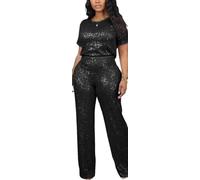 Summer Women's Sequin Two Piece Outfits Glitter Sparkly Tops Pants Suit Set Jumpsuit for Party Disco Birthday (XX-Large,Black)