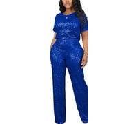 Summer Women's Sequin Two Piece Outfits Glitter Sparkly Tops Pants Suit Set Jumpsuit for Party Disco Birthday (Large,Blue)