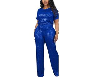 Summer Women's Sequin Two Piece Outfits Glitter Sparkly Tops Pants Suit Set Jumpsuit for Party Disco Birthday (Large,Blue)