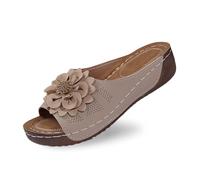 Summer Women's Shoes Wedge Heel Toe Wedge Heel Leather Top Floral Pattern Comfortable Shoes with Temperament Shoes Women's Heel, beige, 8.5 UK