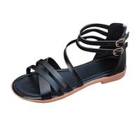 Summer Women's Slim Fairy Style Casual Flat Bottomed Minimalist Beach Resort Roman Style Sandals for Comfort (Black, 4.5)