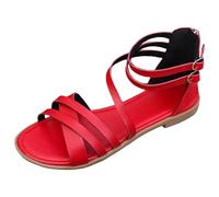 Summer Women's Slim Fairy Style Casual Flat Bottomed Minimalist Beach Resort Roman Style Sandals for Comfort (Red, 6)