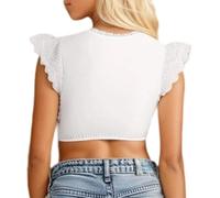Summer Women's V-Neck Lace Dirndl Blouse with Hollowed Details for Holidays and Parties Perfect for Spring and Summer Fashion Bosnia T-Shirt Women, White, L