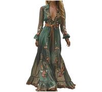 Summer Women's Vintage Western V-Neck Casual Loose Long Sleeve Rustic Flowing Maxi Dress with Country Flower Lace A-Line Swing Ruffle
