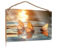 Summer Wood Hanging Golden Butterflies At Sunset Reflections Wooden Sign Home Decor Ideas Kitchen Home Office Gifts(20X30CM)