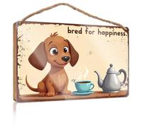 Summer Wood Hanging Happy Puppy Enjoying A Steaming Cup Of Tea Wooded Sign Door Sign For Bedroom Home Door Hanging(23X35CM)