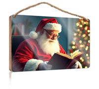 Summer Wood Hanging Santa Claus Reading A Book By The Christmas Tree Wooden Sign Home Decor Ideas Kitchen Home Office Gifts(23X35CM)
