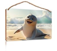 Summer Wood Hanging Seal On The Beach: A Cute Coastal Creature Wooden Sign Home Decor Ideas Kitchen Home Office Gifts(23X35CM)