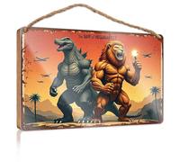 Summer Wood Hanging War Of The Giants: Lion Vs. Godzilla Wooded Sign Door Sign For Bedroom Home Door Hanging(23X35CM)
