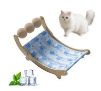 Summer Wooden Pet Bed with Ice Pad - Indoor Outdoor Hanging Lounger Cradle for Cats and Dogs, Elevated Breathable Sleeping Mat, Removable Cover for Easy Cleaning (Blue)