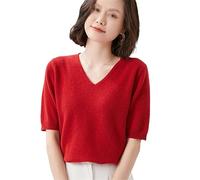 Summer Wool Short Sleeve Ladies Trend T-Shirt Solid V-Neck Pullover Thin Knit Top Half Sleeve Cashmere Sweater Red L