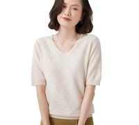 Summer Wool Short Sleeve Ladies Trend T-Shirt Solid V-Neck Pullover Thin Knit Top Half Sleeve Cashmere Sweater Beige L