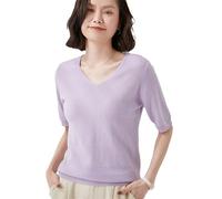 Summer Wool Short Sleeve Ladies Trend T-Shirt Solid V-Neck Pullover Thin Knit Top Half Sleeve Cashmere Sweater Taro Purple XL