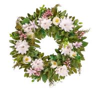 Summer Wreath Natural Wooden Garland Ornament Floral Evergreen Wreaths for Front Door Summer Decoration Garden Ornaments Outdoor 34cm (Green, White & Pink)