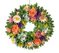Summer Wreath Natural Wooden Garland Ornament Floral Evergreen Wreaths for Front Door Summer Decoration Garden Ornaments Outdoor 32cm (Green, Purple & Orange)