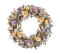 Summer Wreath Natural Wooden Garland Ornament Floral Evergreen Wreaths for Front Door Summer Decoration Garden Ornaments Outdoor 46cm (Pink & Yellow Olive)