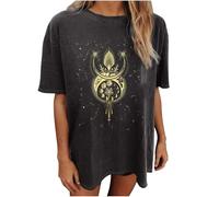 Summer Y2k Tops for Womens, Casual Vintage Short Sleeve T-Shirt, Girls Oversize Loose Round Neck Elastic Tee, Dark Gray2, M